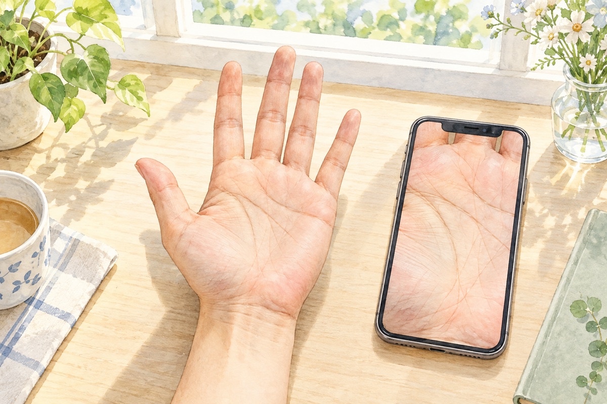 明るい場所で手のひらを撮影し、拡大して確認する様子